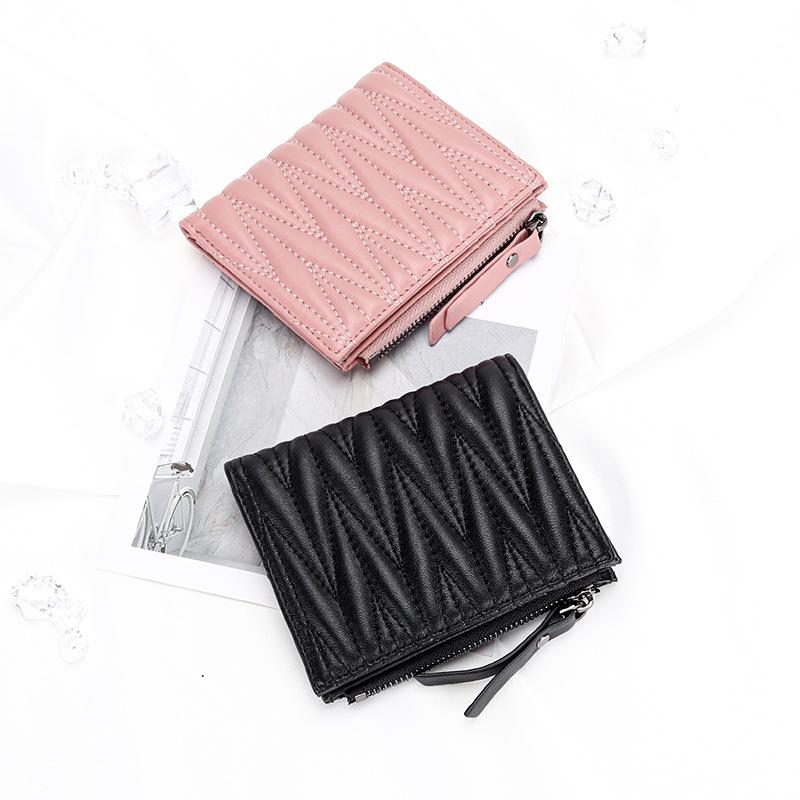 Sheepskin Women's Short Clip Wallet Folding Korean Trendy Embroidery Pleated Zipper Purse