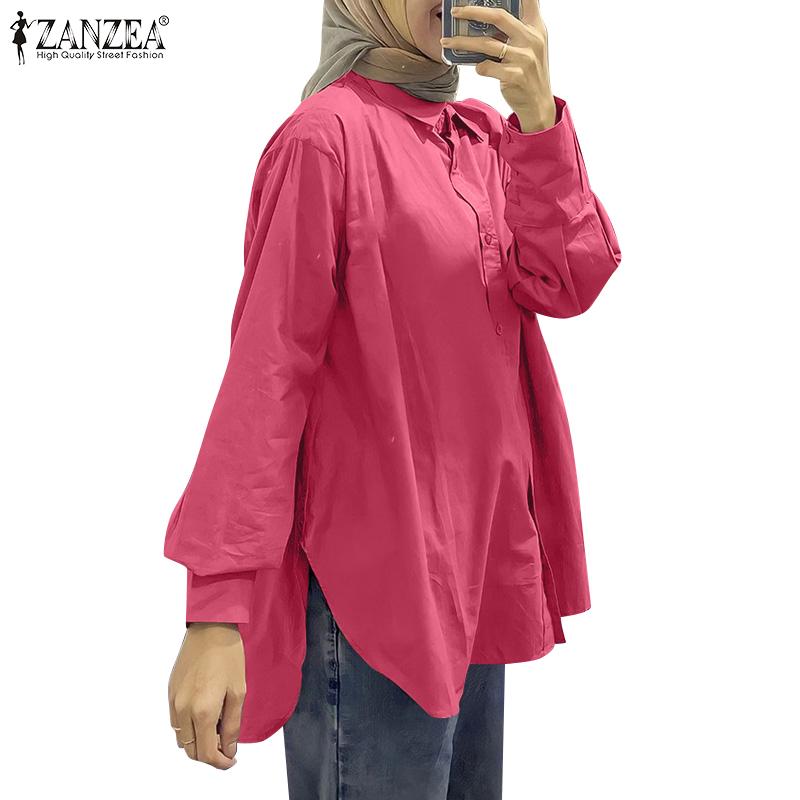 

ZANZEA Женская повседневная блузка с длинным рукавом и отложным воротником с разрезом подол, рубашки M синий