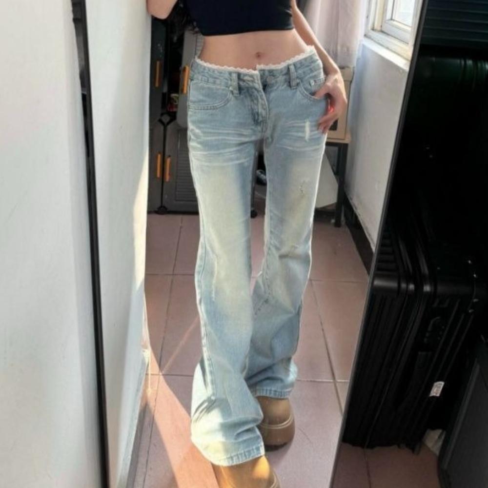 women s High Waisted Lace Trim Flare Jeans Light Blue Washed Vintage Wide Leg Denim Pants S светло-синий