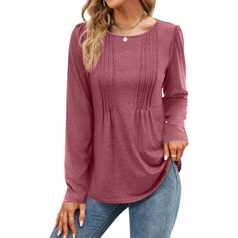 Spring and Autumn Striped Solid Color Round Neck Long Sleeve Casual T-shirt Fashion Women's Top