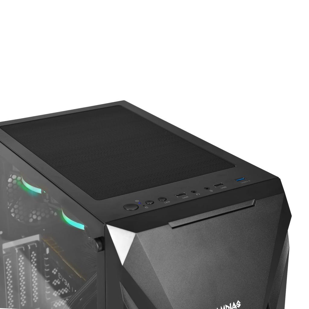 GAMDIAS ATHENA E1 Elite Gaming PC ATX 120mm ARGB Unique 3D Front Panel with Mesh Seamless Tempered Glass Window Case, Mid-Tower Case, Built-in Fan,
