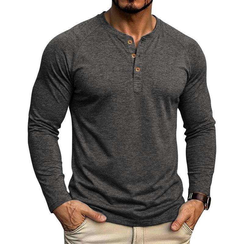 Mens Classic Style Henley Pullover Tops Raglan Long Sleeve Solid Color Daily Casual Wear Crew Neck Basic T Shirts