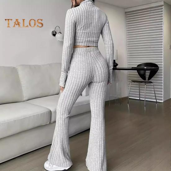 2 Teile/satz Damen Frühling Pendler Outfit Top Schlaghose Set Reißverschluss Faden Stehkragen Mantel Hohe Taille Sport Trainingsanzug Elastische Alltagskleidung