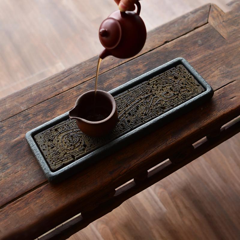 Tea Tray Natural Stone Plate Dragon Pattern Decoration Chinese Home Table Rectangular Office Accessorie Antiques Kungfu Teaset