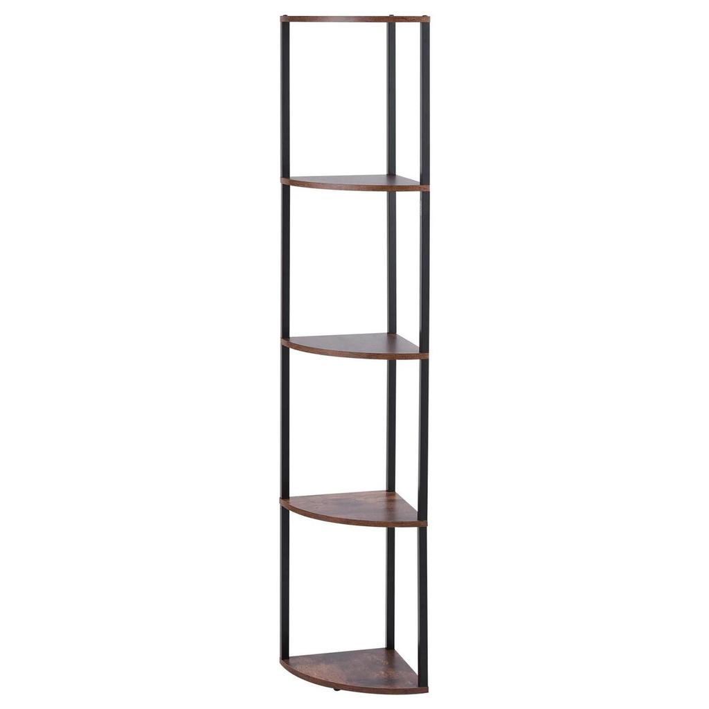 Scaffale Angolare a 5 Piani, Supporto Angolare Alto con Luce LED, Organizzatore Torre Scaffali a Muro con Telaio in Metallo e Ripiani in Legno, Stretto Espositore per Libri