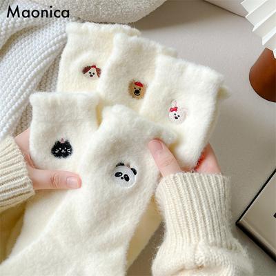 Cute Cartoon Mink Fleece Socks for Women White Mid-tube Socks Autumn and Winter Thickened Fleece Warm Home Sleep