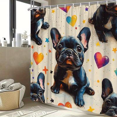 1pc French Bulldogs Shower Curtain, Polyester Woven Cartoonish Style with 12 Hooks, Washable and Line Dry, 70.8*70.8 Inches