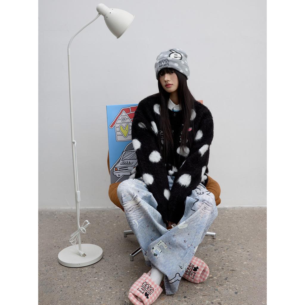 eeeeArtmonster | "Polka Dot" Leather Label Embroidered Knitted Wool Hat Full Printed Polka Dot Jacquard Cold Hat