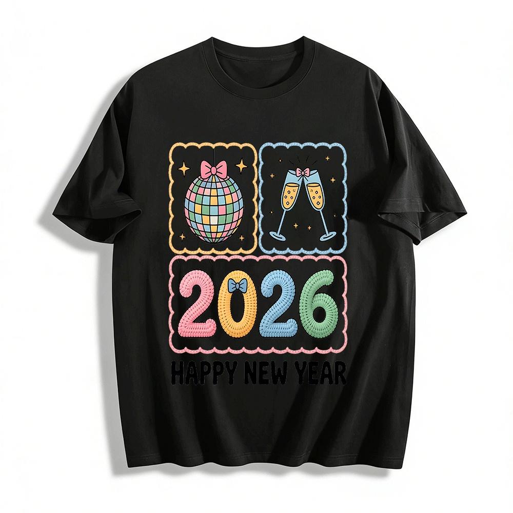 2026 Happy New Year Disco Ball Wine Glass Graphic Casual Top Pure cotton T-shirt XXS