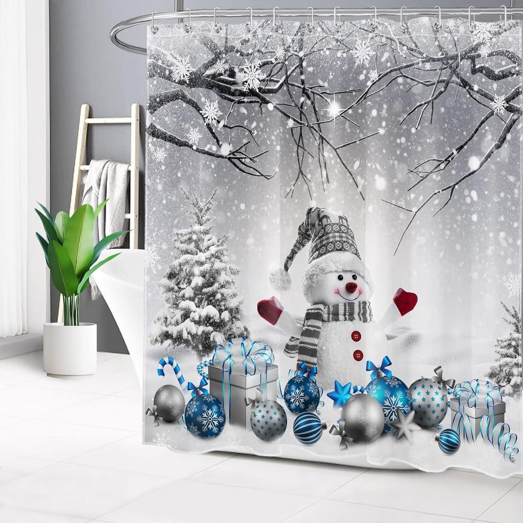 Winter Christmas Shower Curtain with Hooks, Cute Snowman in Snowy Forest Shower Curtain for Bathroom Decor Pine Tree Covered
