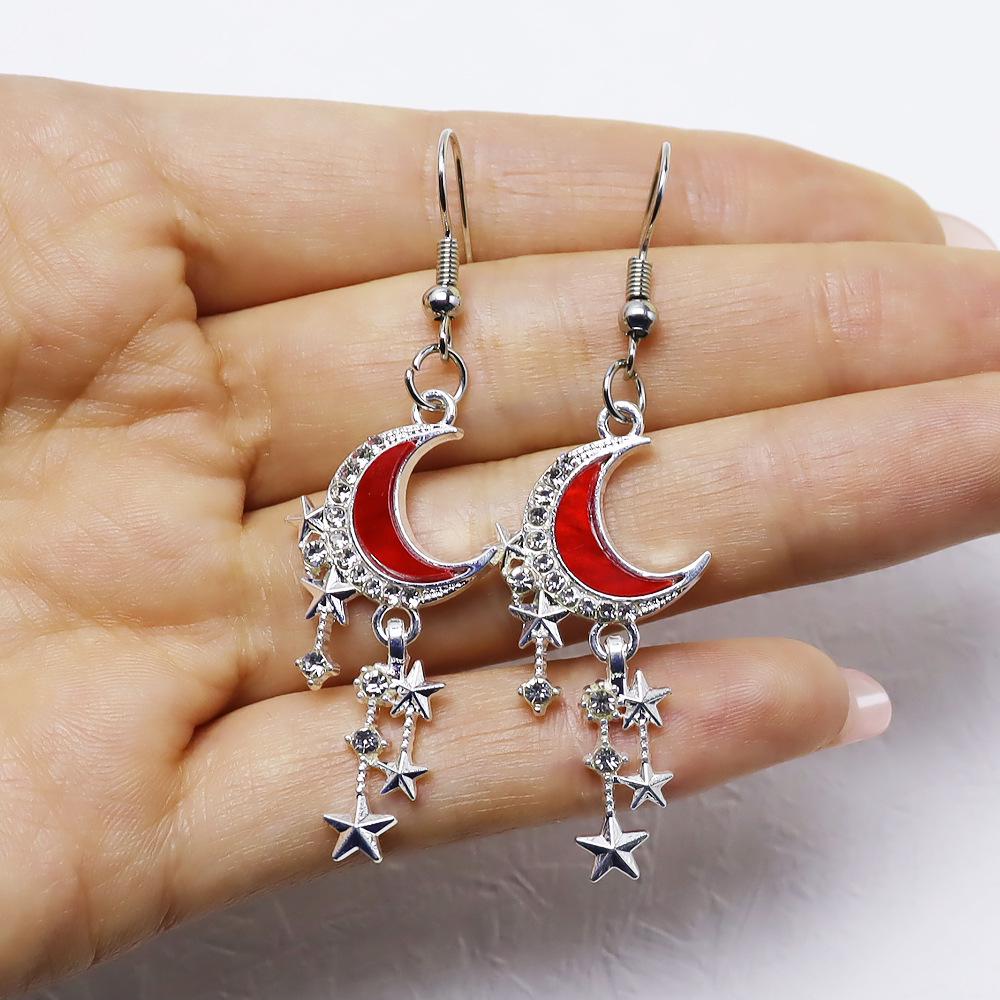 Versatile Trendy Rhinestone Moon & Star Tassel Earrings - Retro Sweet & Cool European-American Style Accessories