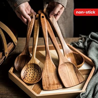 5PCS Wooden Kitchen Utensil Set with Spoon Spatula Soup Ladle and Spoon Rest Natural Eco-Friendly Durable Cooking Tools for Home Kitchen Use