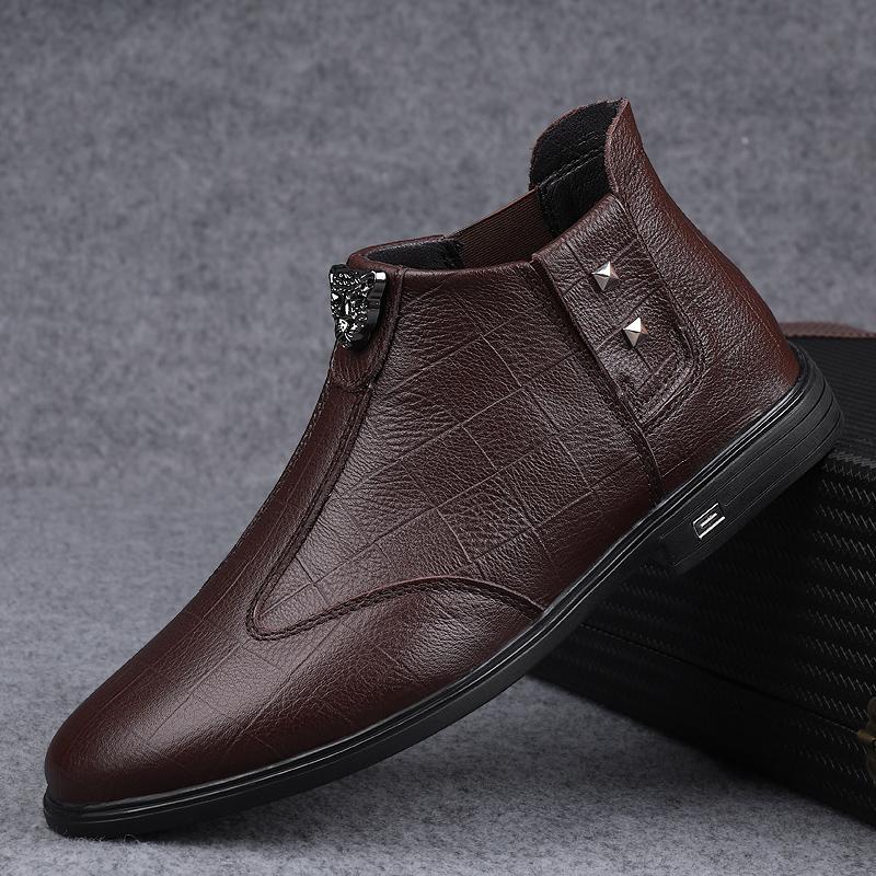 Men's Boots New Genuine Leather High Top Casual Shoes Top Quality Cow Leather Casual Business Work Shoes Winter Warm Ankle Boots