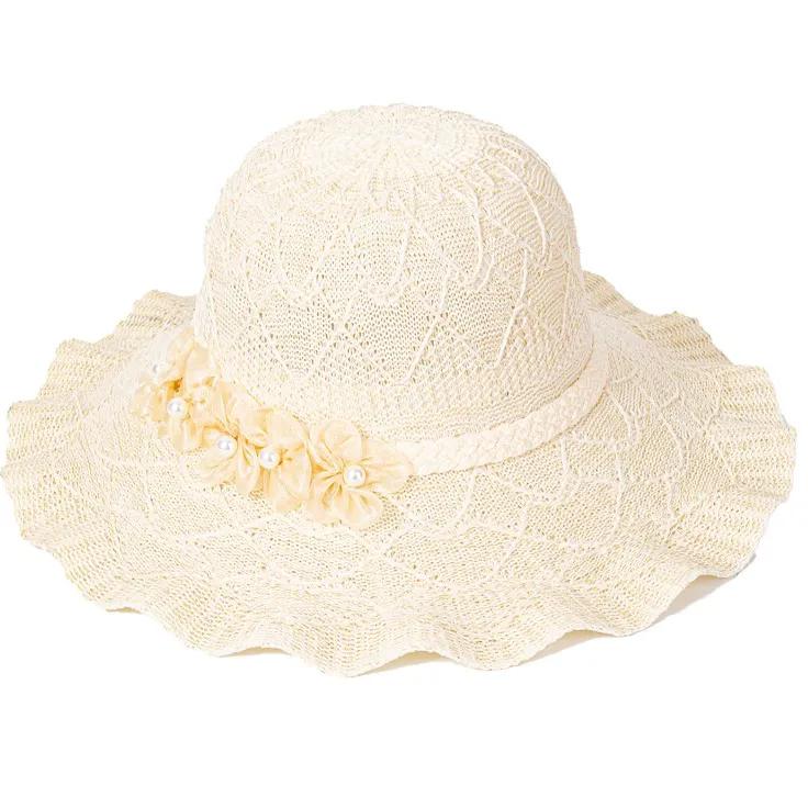 WTEMPO Chapeaux de soleil unis avec fleurs pour femmes printemps été à large bord extérieur respirants pliables chapeaux de soleil de plage