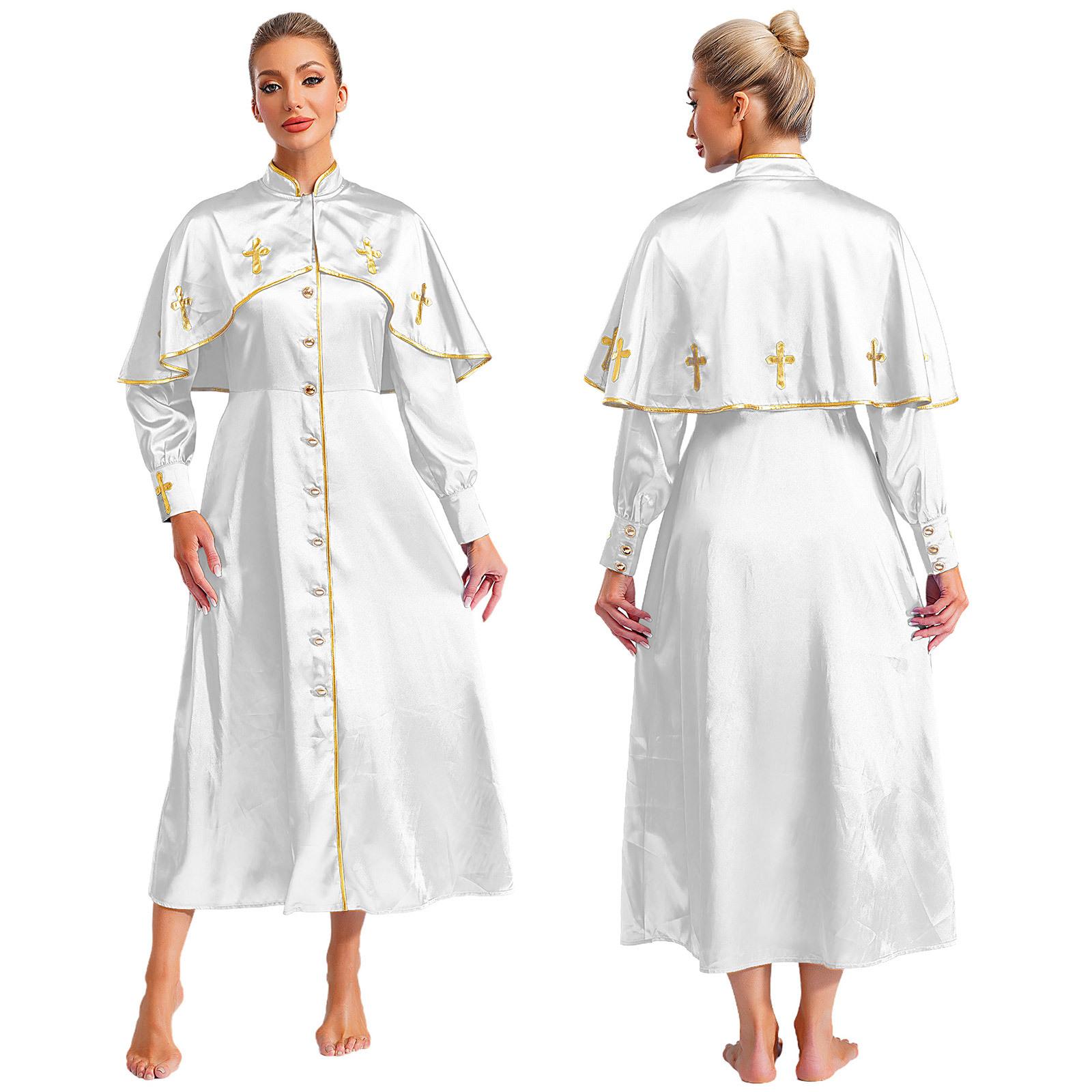 

Жіночий металевий оздоблений духовенство халат з довгим рукавом А-силуету довга максі сукня церковний хор халат служитель пастор халат церковний костюм для виступу S білий
