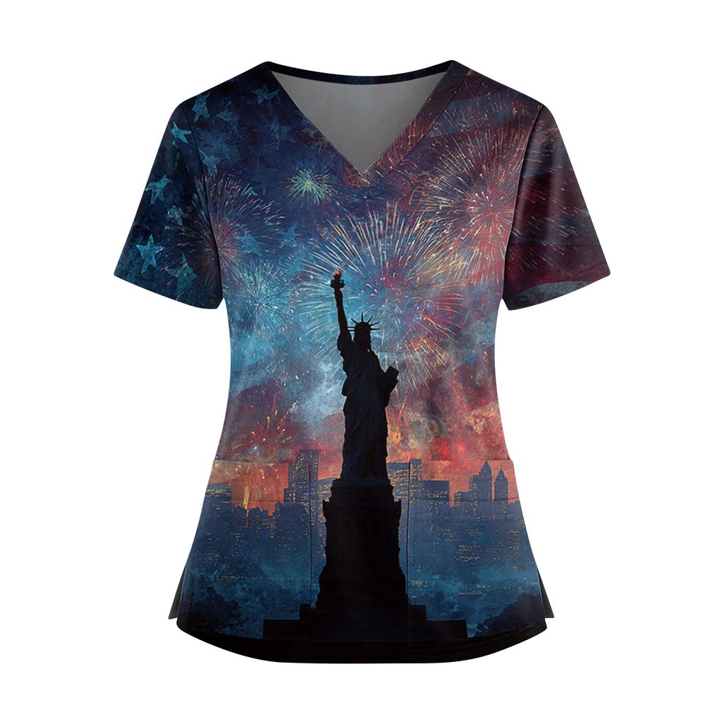 Uniforme de Manga Corta con Estampado del Día de la Independencia para Mujer, Cuello en V, Doble Bolsillo, Dobladillo con Abertura - Top para Cuidador