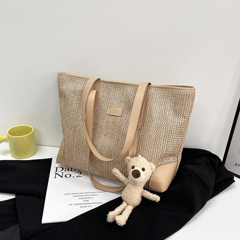 Large Capacity Canvas Tote Bag For Women With Charming Woven Design And Stylish Bear Motif