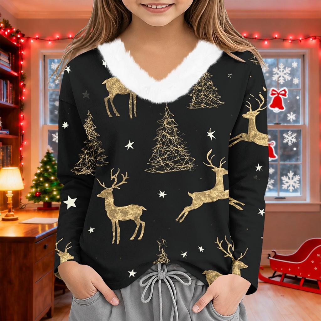 Girls' V-Neck Christmas Print Long Sleeve Thermal Shirt for Winter Base Layer