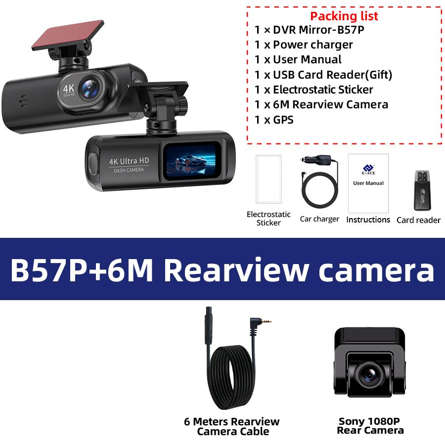 

E-ACE Dash Cam UHD 4K для автомобільної камери нічного бачення з GPS WiFi 24h Parking Loop Record 4K Front and 1080P Til Dual Lens With 64GB Card