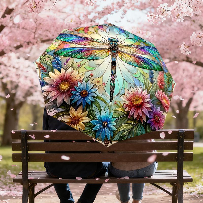 1PC Dragonfly Stained GlassAutomatic Open/Close Umbrella with Windproof, 8-Rib Sturdy Canopy, Durable Ribs, Fashionable Design, Outdoor Accessory, Fun