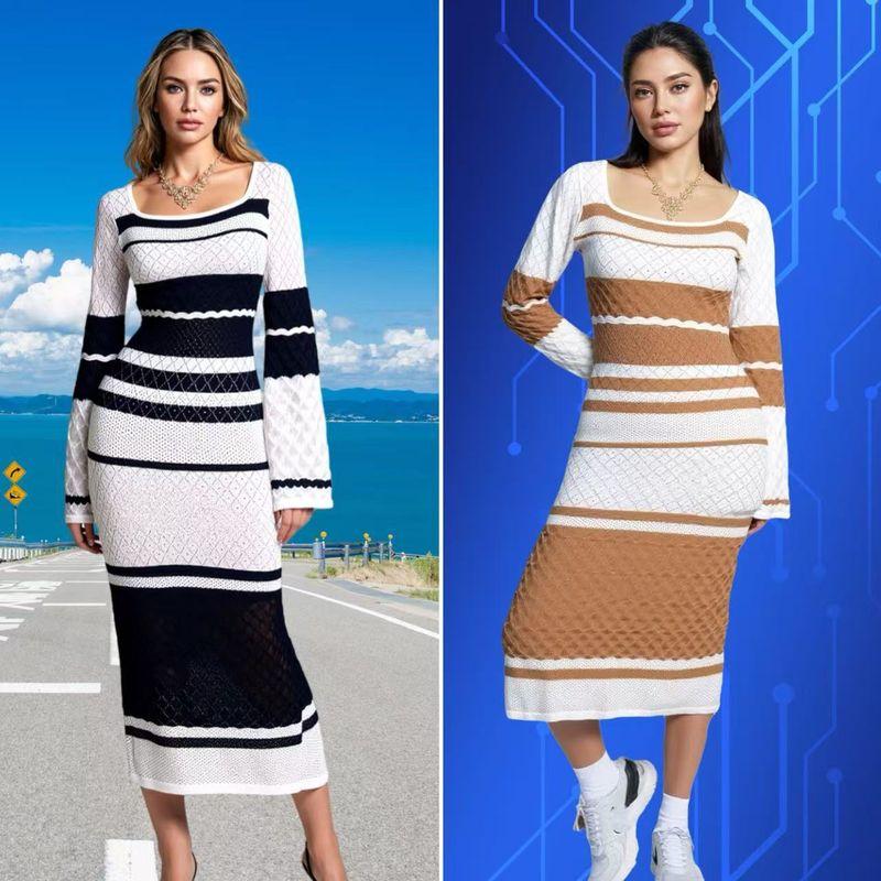 European and American New Fashion Casual Slim Fit Knitted Stripes Long Sleeve Dress Knitted Striped Dress