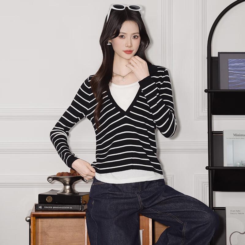 Women's Faux Two-Piece Striped Patchwork Knit Sweater
