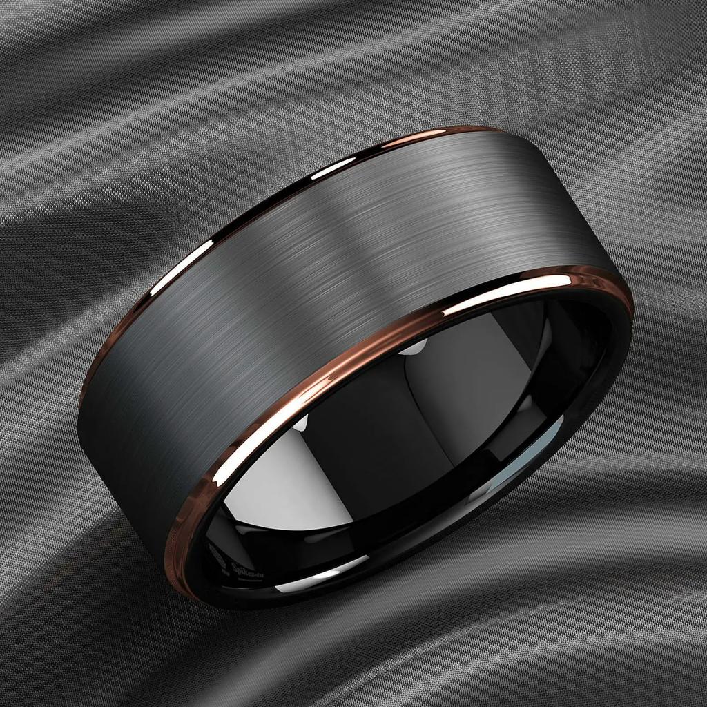 Fashion 8mm Stainless Steel Rings for Men Rose Gold Color Step Edge Black Brushed Men Rings Wedding Party Jewelry Gifts