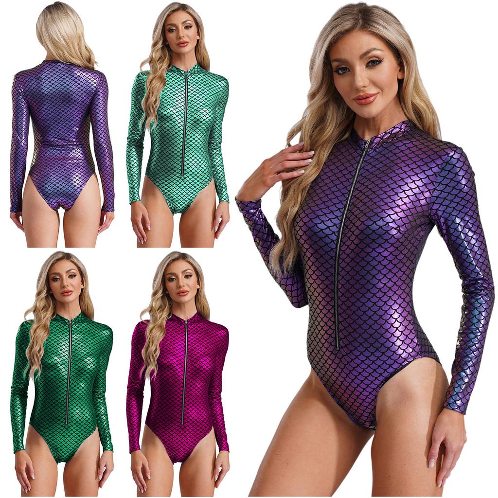 Damen Meerjungfrauenschuppen Einteiliger Badeanzug Langarm Mock Neck Leotard für Poolparty Strandoutfit