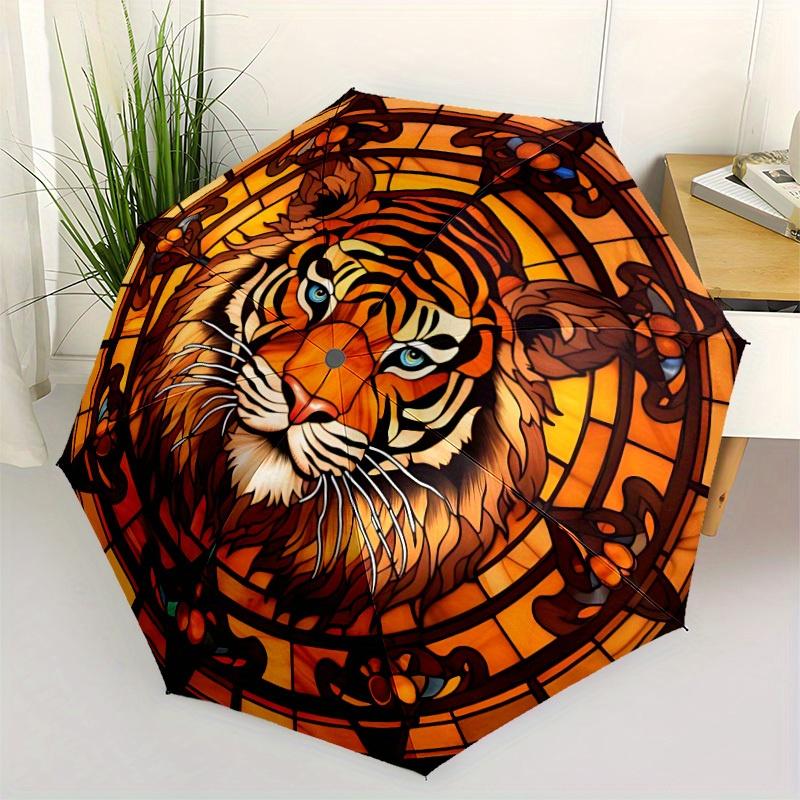 1pc Tiger StainedGlass Automatic Open/close Folding Compact Umbrella, 8-Rib Sturdy Canopy, Lightweight Portable, Everyday Use, Gift, Outdoor Umbrella,