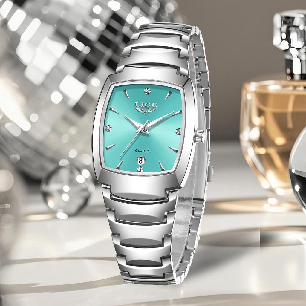LIGE Elegante Damenuhr Mode Quadratisches Zifferblatt Wasserdichte Quarz-Armbanduhr Luxus Edelstahl Kalender Klassische Damenuhren
