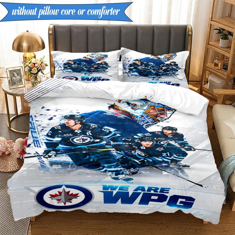 3-teiliges Winnipeg Crest Hockey Bettwäsche-Set, inklusive 1 Bettbezug und 2 Kissenbezügen. Perfekt für Schlafzimmer, Wohnheim, Weihnachtsgeschenk für Fans 140cmx210cm