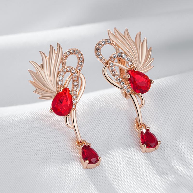Shiny Red Natural Zircon Long Drop Earrings Women Fashion  Rose Gold Color High Quality Daily Fine Vintage Jewelry