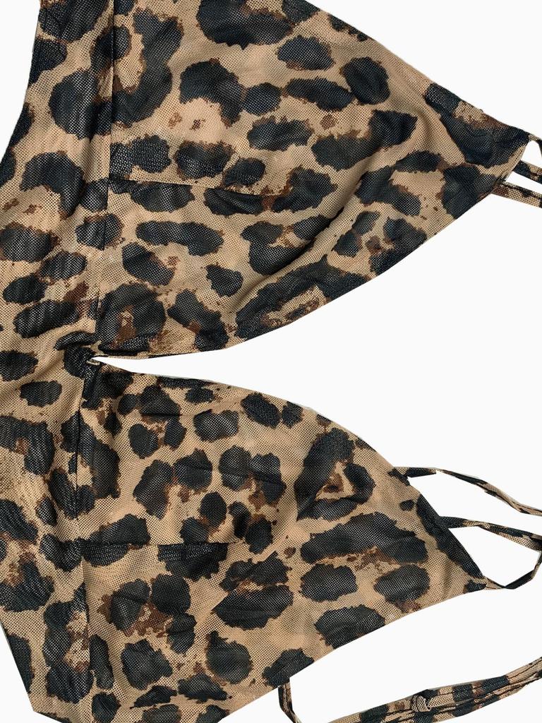 European Leopard Print Deep V-Neck Slit Dress with Cross Shoulder Straps and High Waist Design