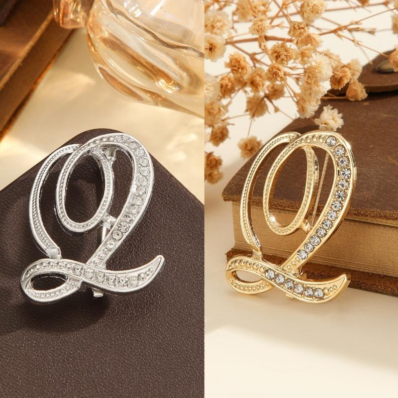 2Pcs  Full  Encrusted Gold And Silver Alphabet Letter Brooches Pins Minimalist Clothing Jewelry Accessory