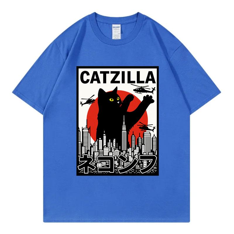 Catzilla Funny Cat Attack Graphic T Shirts Harajuku Japanese Unisexga Short Sleeve Tshirts Unisex Unisex Casual Fashion Loose Tshirt