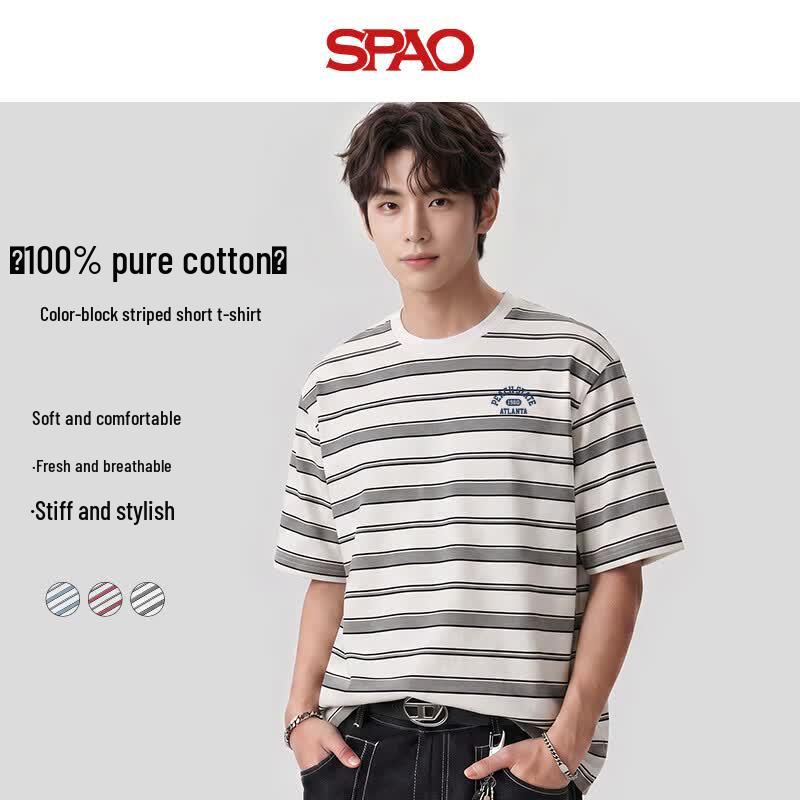 SPAO Men's 100% Cotton Striped Crew Neck T-Shirt