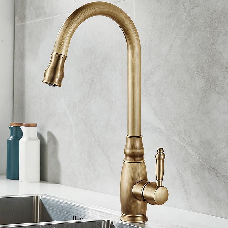 Elegant European-Style Brass Kitchen Faucet with Pull-Out Sprayer for Hot and Cold Water