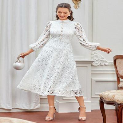 Rochie Albă din Dantelă Decupată cu Mâneci Lungi, Guler Înalt și Fermoar