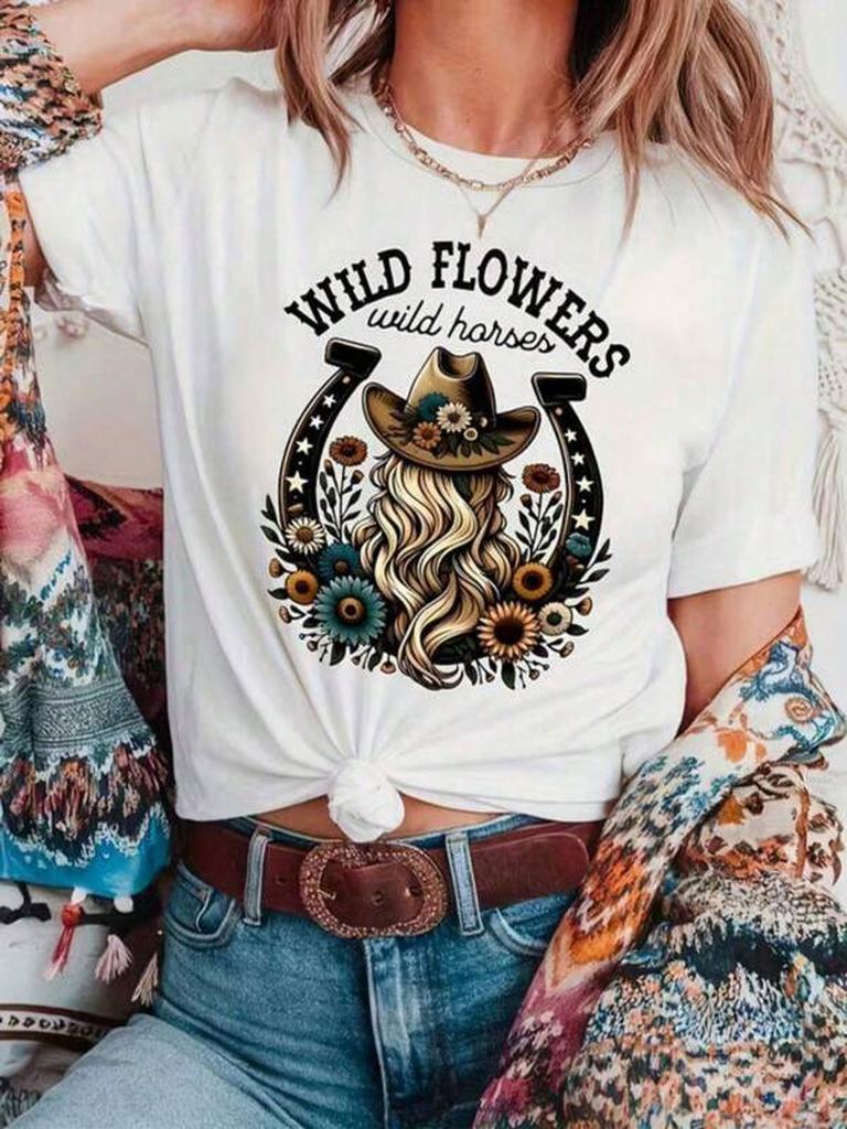 Cowgirl Western T-Shirt Wild West Short Sleeve With Horse Cactus Like Lettering