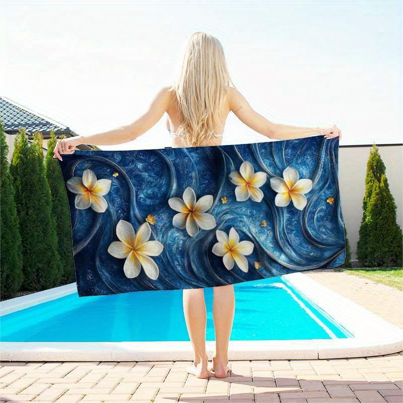 1pc Quick-Dry Microfiber Beach Towel - Super Soft, Large Blue Waves & White Flowers Design,Multi-Use for Swim,Contemporary Style
