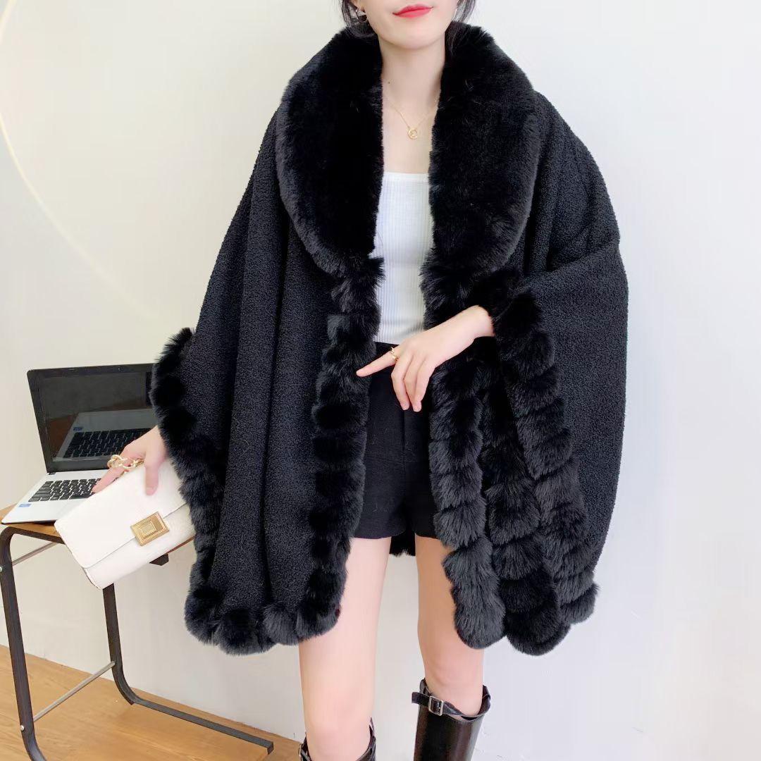 

6 цветов, зимнее утепленное пальто с большим воротником из искусственного меха, уличная одежда, свободное пальто-пончо, женский кардиган, шаль, накидки, плюшевый бархатный плащ One Size чёрный