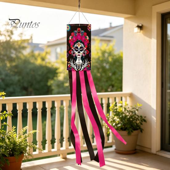 Layered Festive Scene Setup Day of The Dead Windsocks, Dia De Los Muertos Hanging Flag, Floral Windsock Skull Wind Socks with Flowing Tails for Front