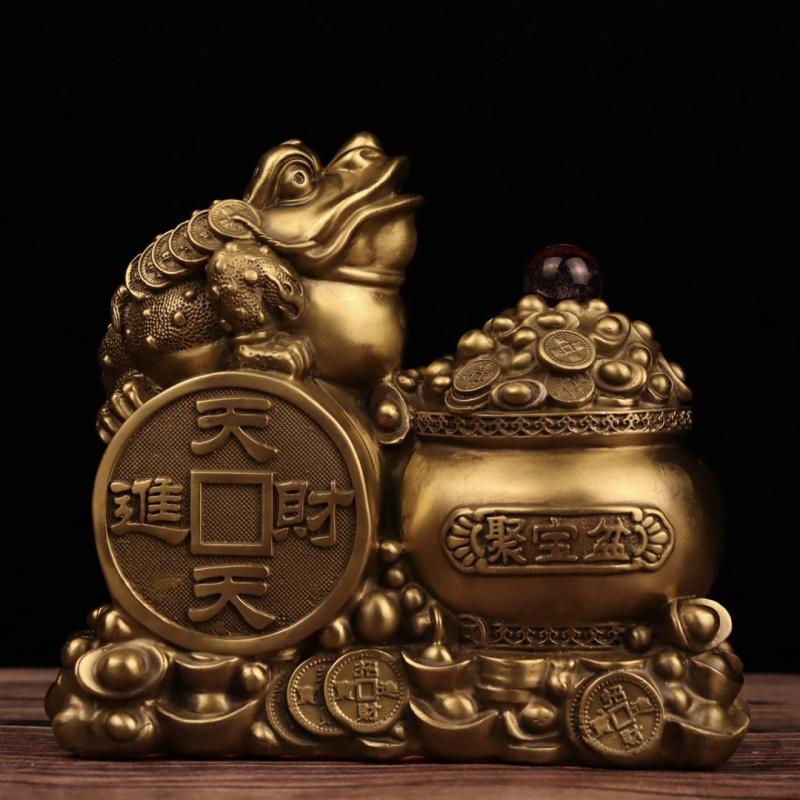 Brass Copper Fortune Basin Three-Legged Golden Toad Daily Wealth Home Office Shop Craft Ornament Long19Centimeter Wid