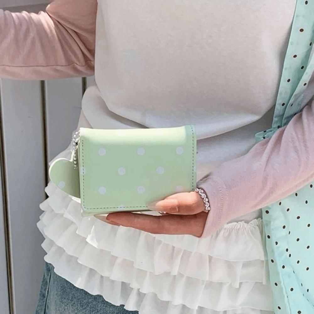 Sweet PU Card Holder Heart Pendant Coin Purse Cute Trifold Polka Dot Wallet Travel