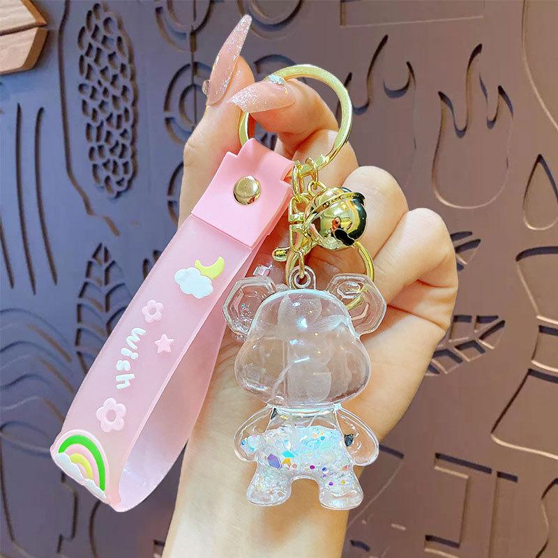 Cartoon Acrylic Oil Quicksand Cherry Blossom Bear Keychain Schoolbag Pendant Couple Car Key Chain Pendant Gift Opp bag packaging