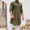 Men's Cotton Linen Kaftan Long Sleeve O-Neck Robe Solid Color Button-up Collar Thobe Breathable Arabic Clothing for Prayers Casual Wear