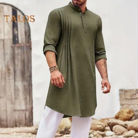Men's Cotton Linen Kaftan Long Sleeve O-Neck Robe Solid Color Button-up Collar Thobe Breathable Arabic Clothing for Prayers Casual Wear