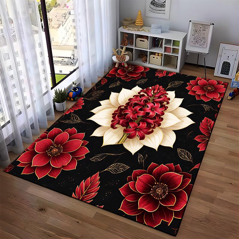 Luxury Floral Carpet with Red and White Flowers On Black Background Suitable for Use As an Anti-slip for Living Room Bedroom Sofas