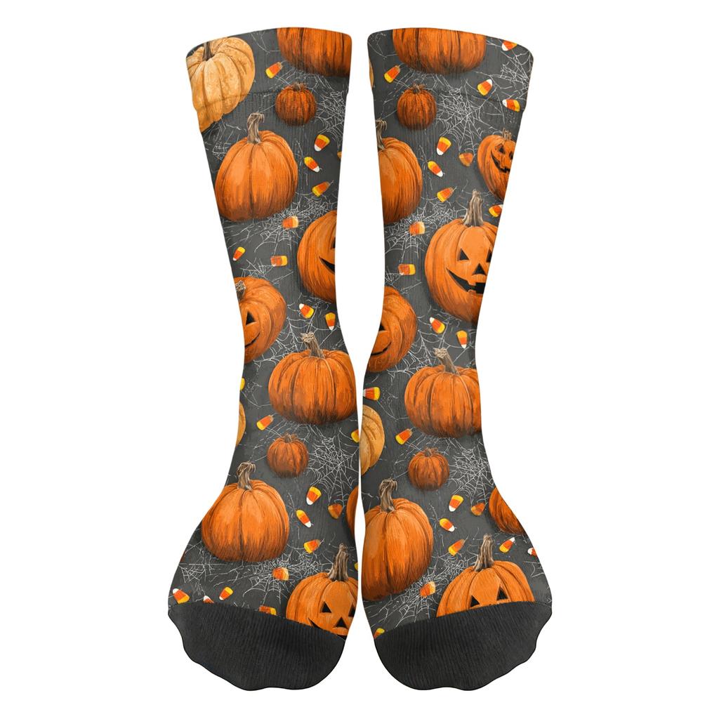 Unisex Breathable Mid-Calf Socks Halloween Pumpkin Pattern Comfortable Stretch Fit Athletic Socks for Everyday Wear