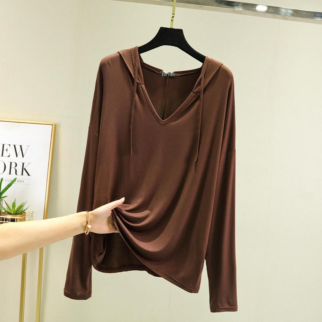 Plus Size Women's Long-Sleeve Modal T-Shirt - Hooded, Solid Color, Sun Protection, Lightweight for Spring/Summer